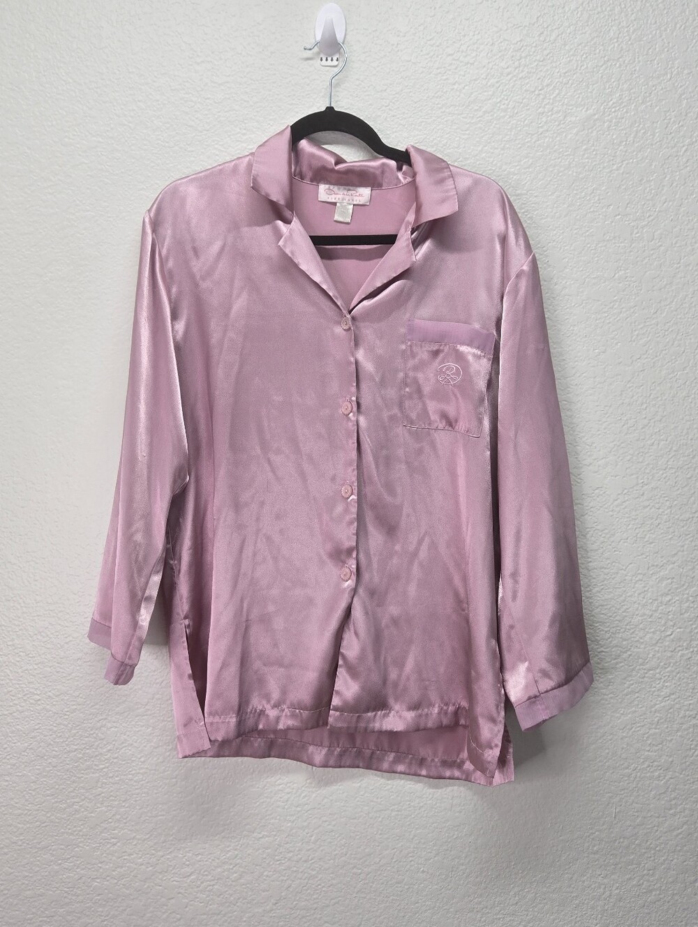 Vtg Oscar de la Renta Pink Label Satin Pajama Top Button Sleep Shirt Pink Large